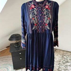 Silk Johnny Was Navy Floral-Embroidered Long Sleeve Dress NWOT